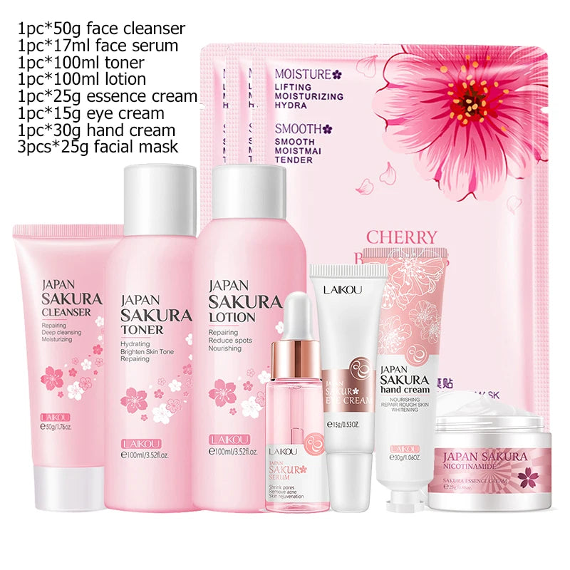 10-Piece Sakura & Green Tea Skincare Kit | Face Cream, Serum, Eye Cream & More
