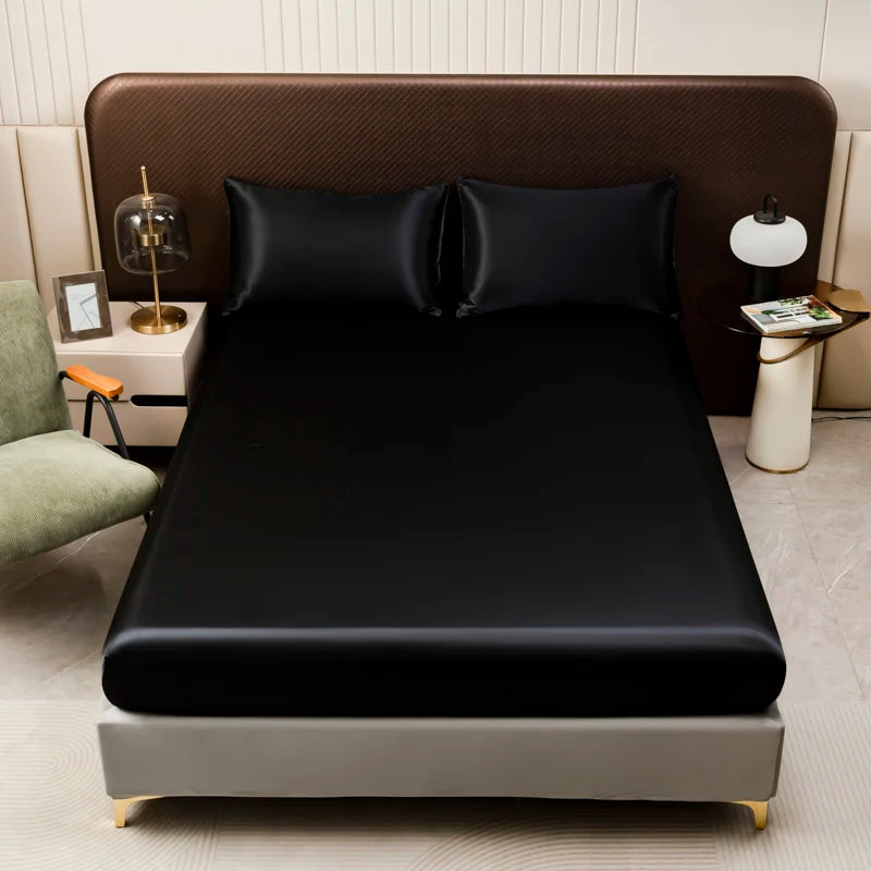 Black Satin Fitted Sheet Set