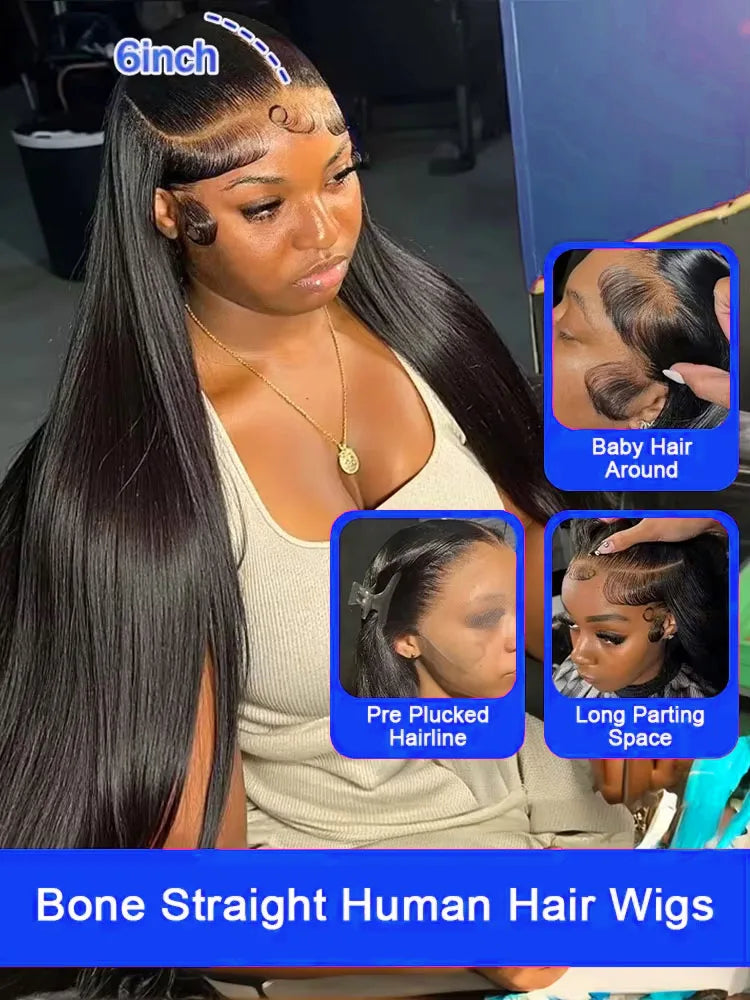 13x4/13x6 HD Lace Frontal Wig – Bone Straight Human Hair, 250% Density, up to 40"