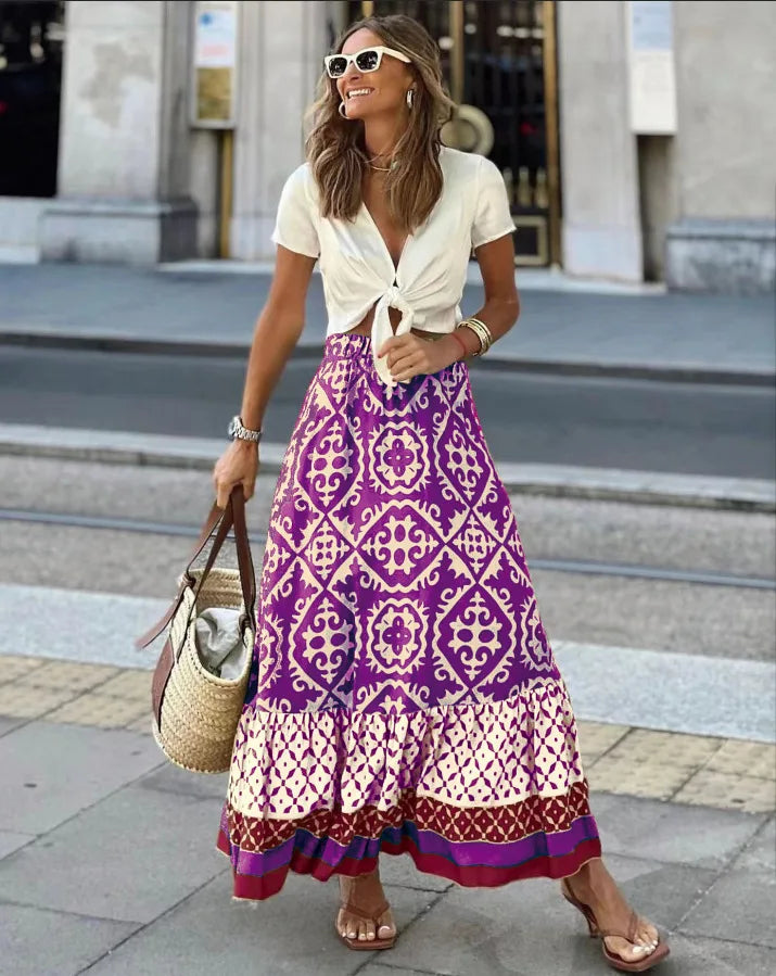 Boho Printed Swing Midi Skirt