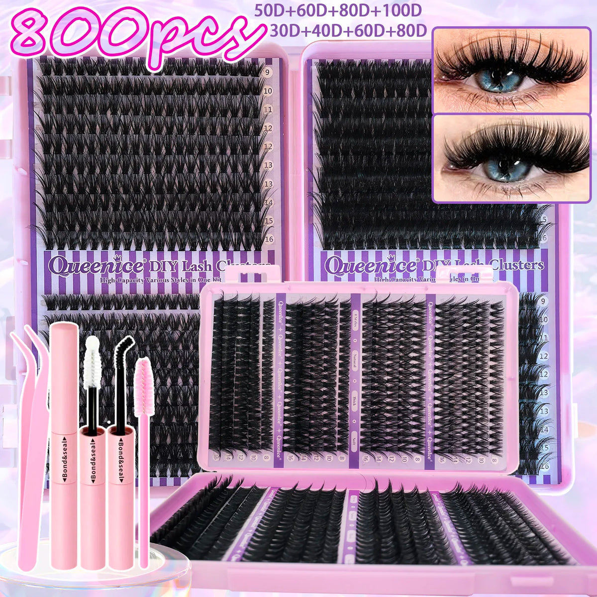 QUEENICE Cluster DIY Lash Extension Mixed Tray — Fluffy Individual & Cat Eye Cluster Lashes
