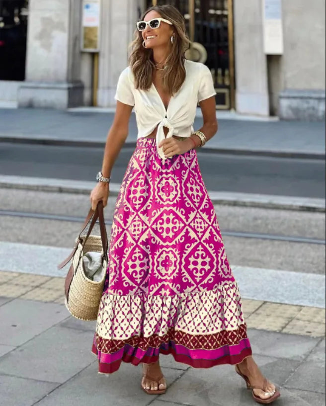 Boho Printed Swing Midi Skirt