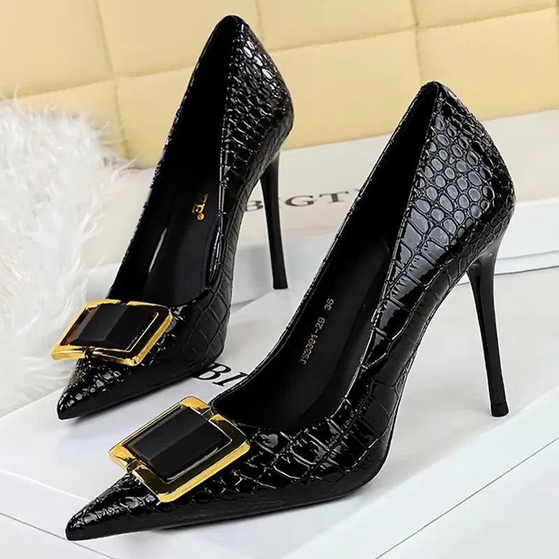 Women's Stiletto High Heel Pumps – Metal Buckle Patent Leather Party Shoes