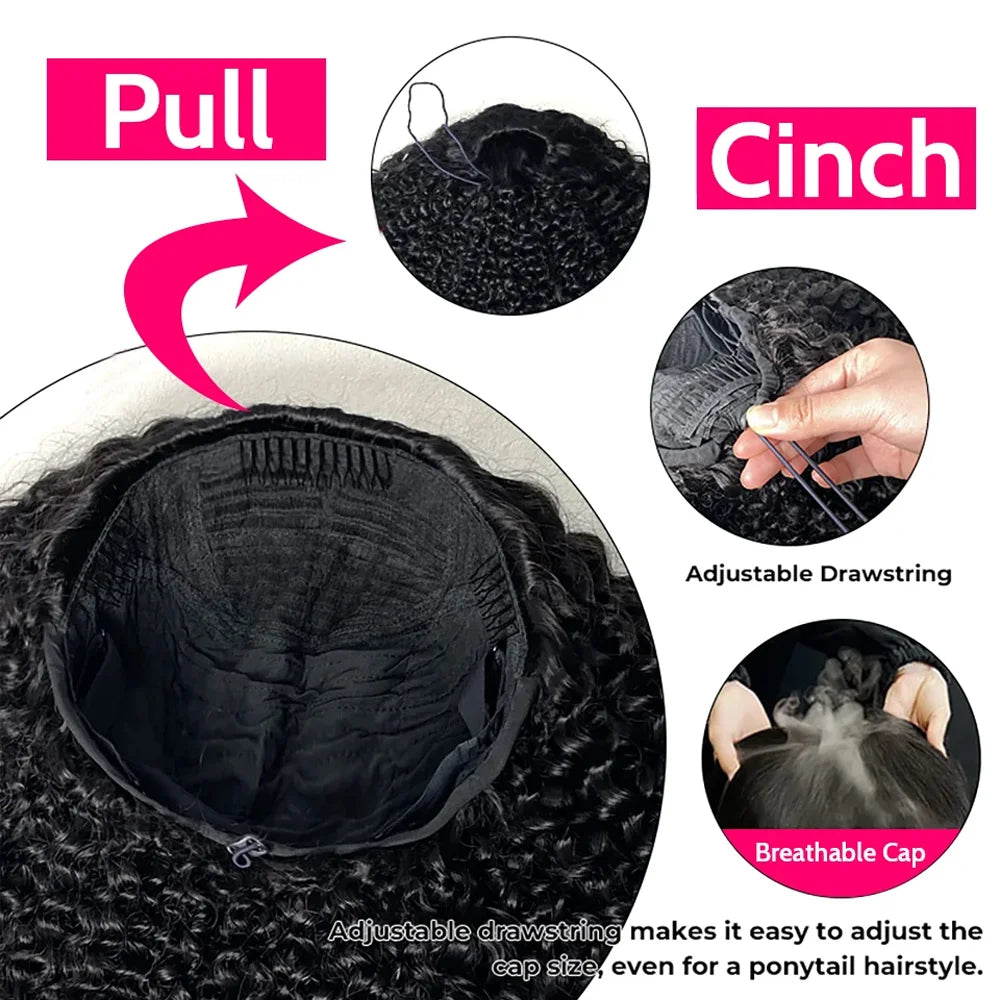3-in-1 Drawstring Headband Wig – Kinky Curly Human Hair, Seamless, 16"