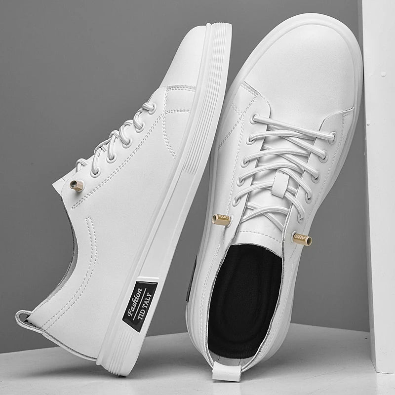 Men's Cowhide Leather Casual Sneakers – Flat Sole, Trendy Everyday Shoes