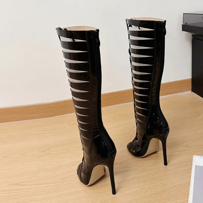 Women's Hollow-Out Cross-Strap Knee-High Boot Sandals – Peep Toe Heel