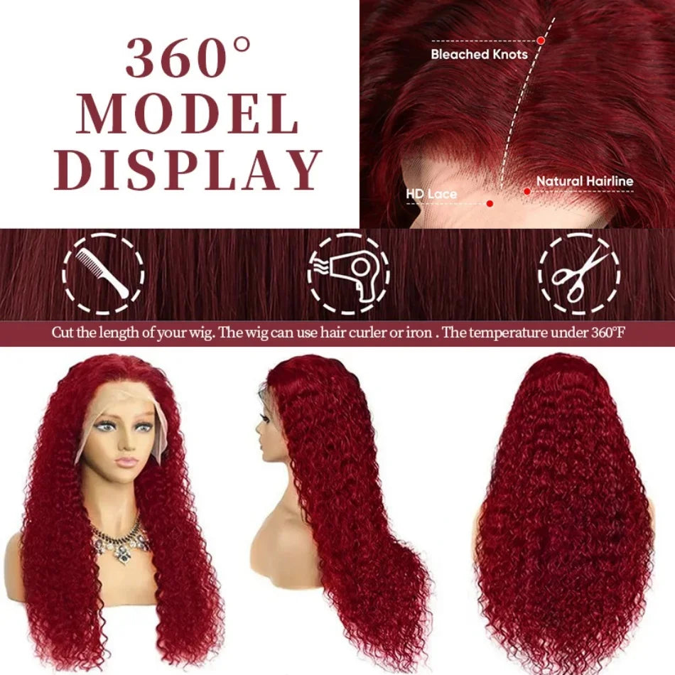 13x6/13x4 HD Lace Frontal Wig – Burgundy #99J Water Wave Curly Human Hair, up to 38"