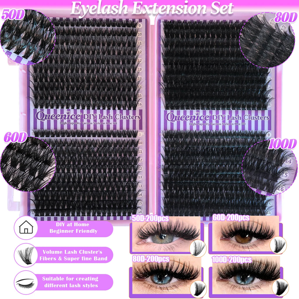 QUEENICE Cluster DIY Lash Extension Mixed Tray — Fluffy Individual & Cat Eye Cluster Lashes