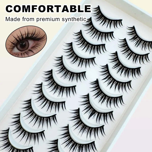 10 Pairs Thai Style Cat Eye Lashes — Natural Wet Look Long Manga Strip Lashes for Party & Cosplay