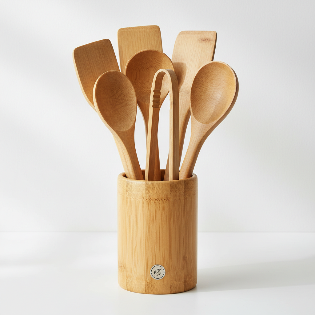 Bamboo Kitchen Utensil Set with Holder 6-Piece