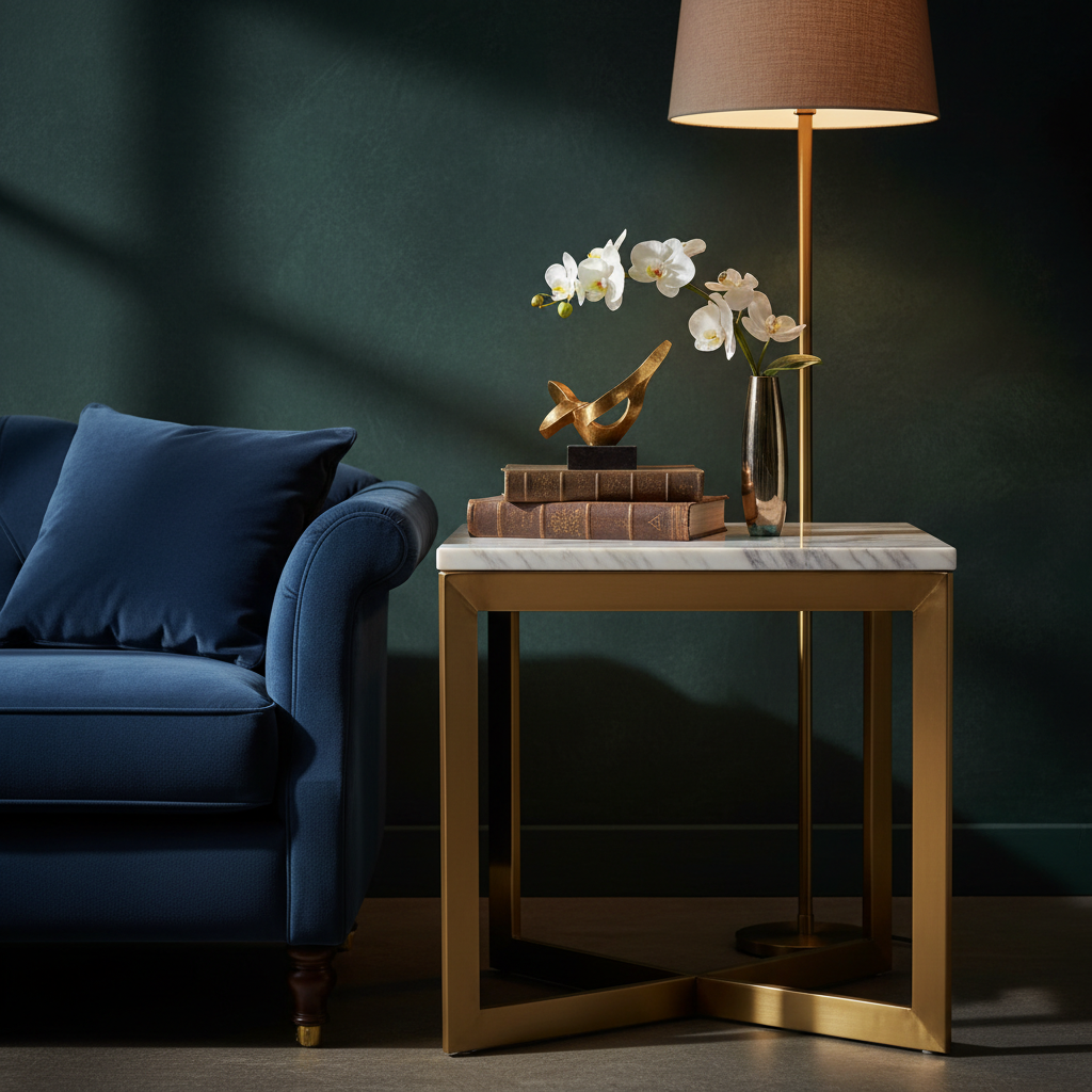 Lonniemac's Marble Top Accent Side Table with brushed gold legs in elegant living room