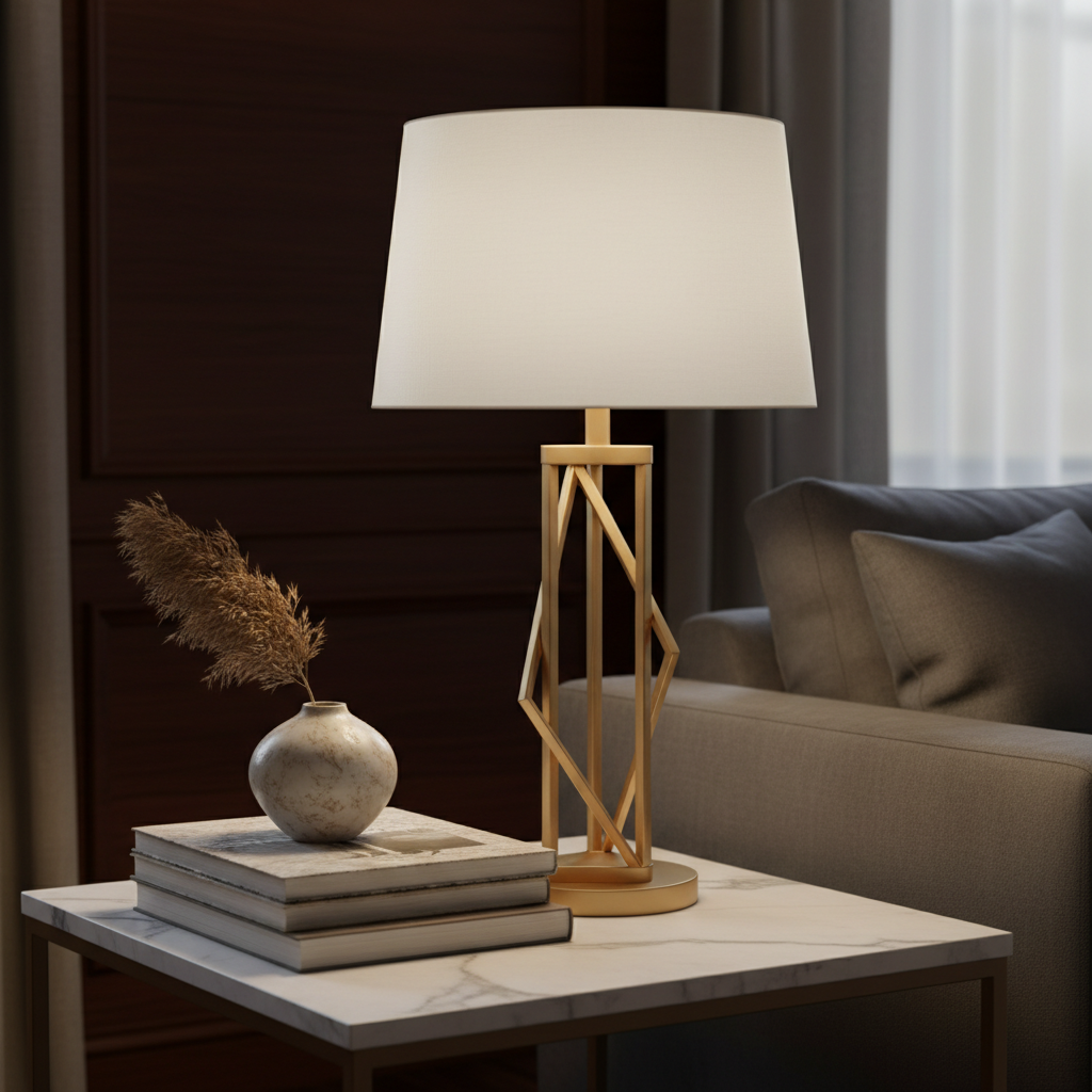 Lonniemac's Brushed Gold Table Lamp with white linen shade on marble side table