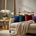 Maison Luxe Velvet Throw Pillows and Cashmere Blanket on cream linen sofa
