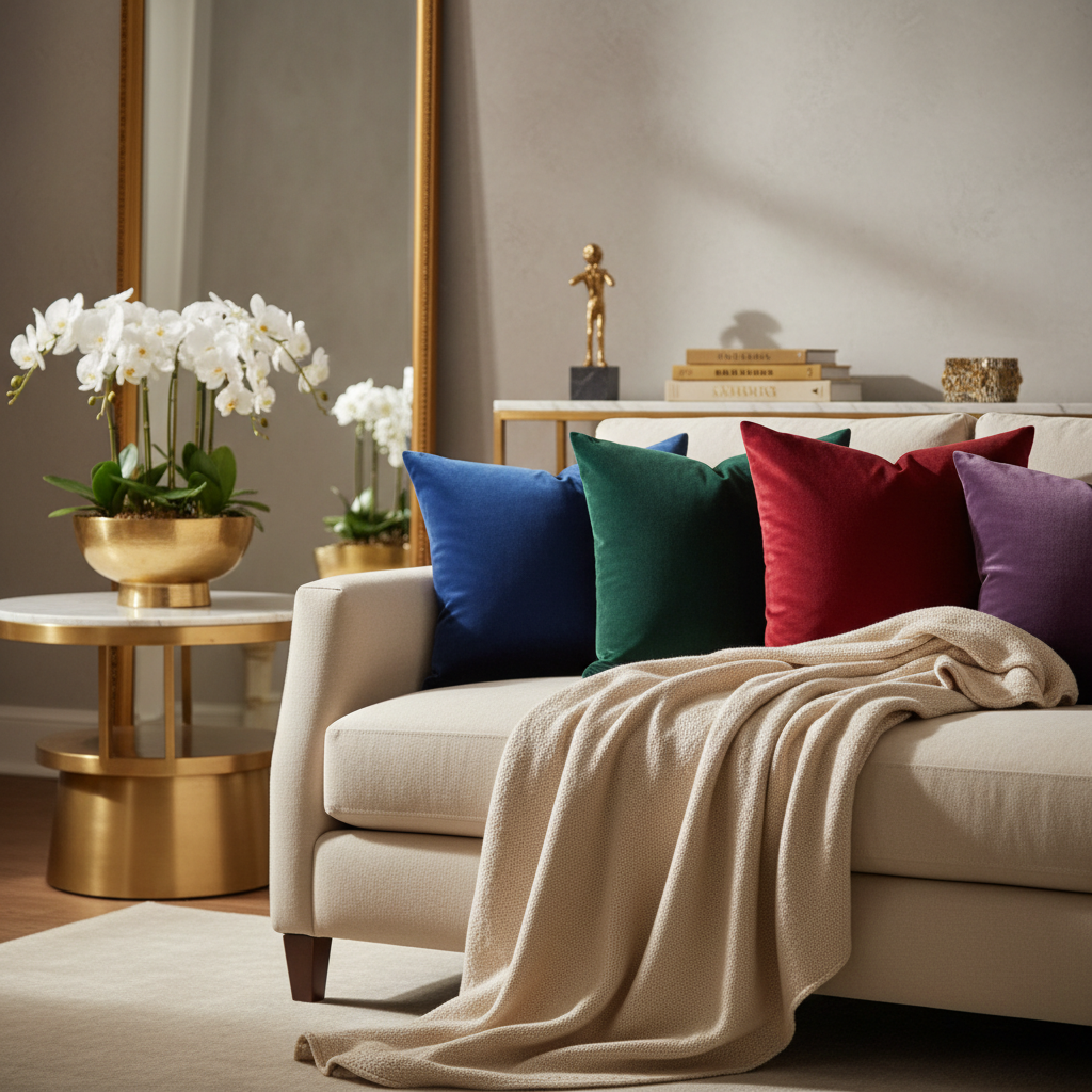 Maison Luxe Velvet Throw Pillows and Cashmere Blanket on cream linen sofa