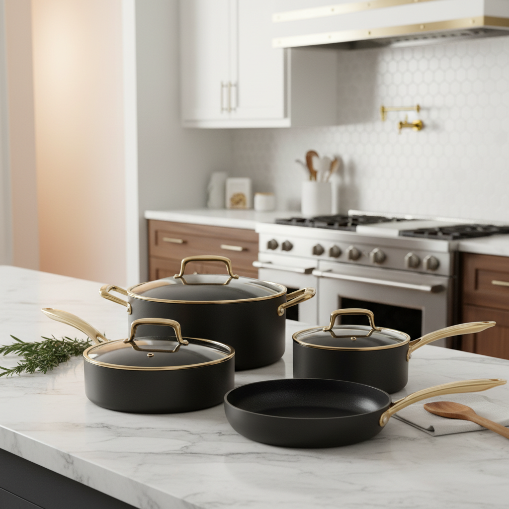 Lonniemac's Matte Black Ceramic Cookware Set with gold handles on marble countertop
