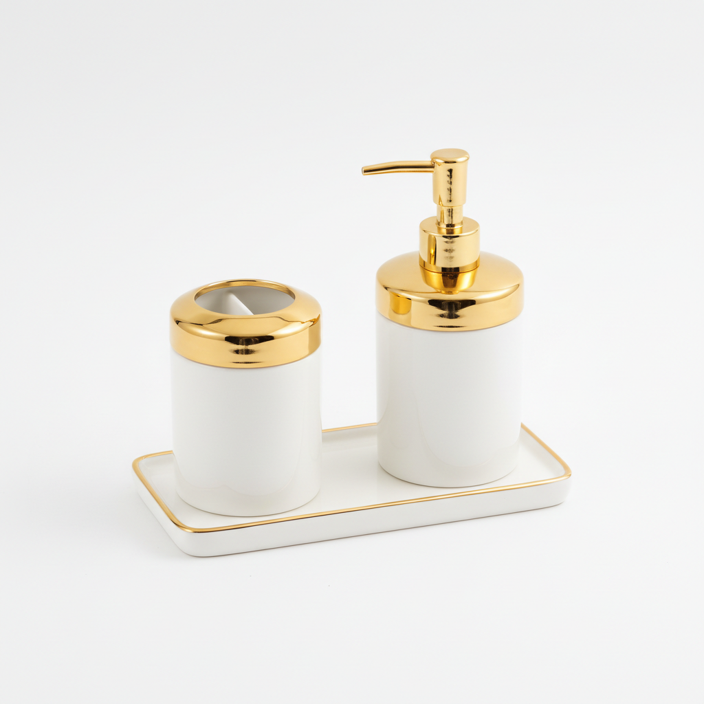 Gold & White Bathroom Accessory Set
