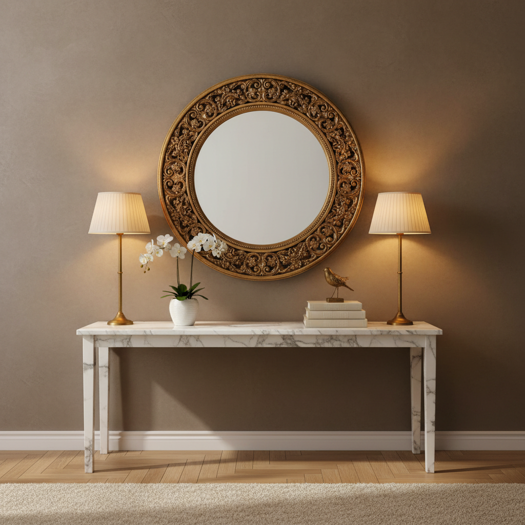 Maison Luxe Ornate Gold Wall Mirror above marble console table in elegant interior