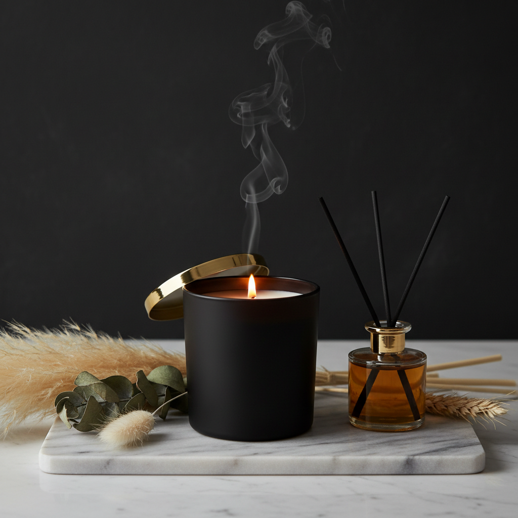 Lonniemac's Luxury Scented Candle in matte black vessel with gold lid on marble tray