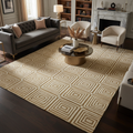 Lonniemac's Luxury Geometric Area Rug in ivory and gold on dark hardwood floor