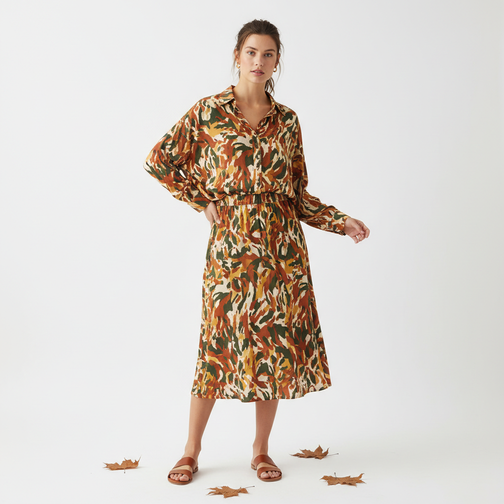 Print Shirt & Midi Skirt Two-Piece Set