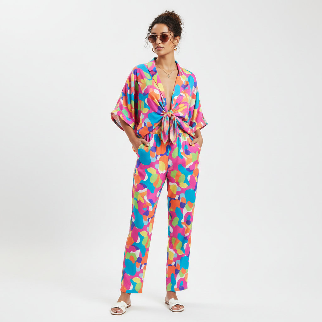 Print Blouse & Straight Pants Summer Set